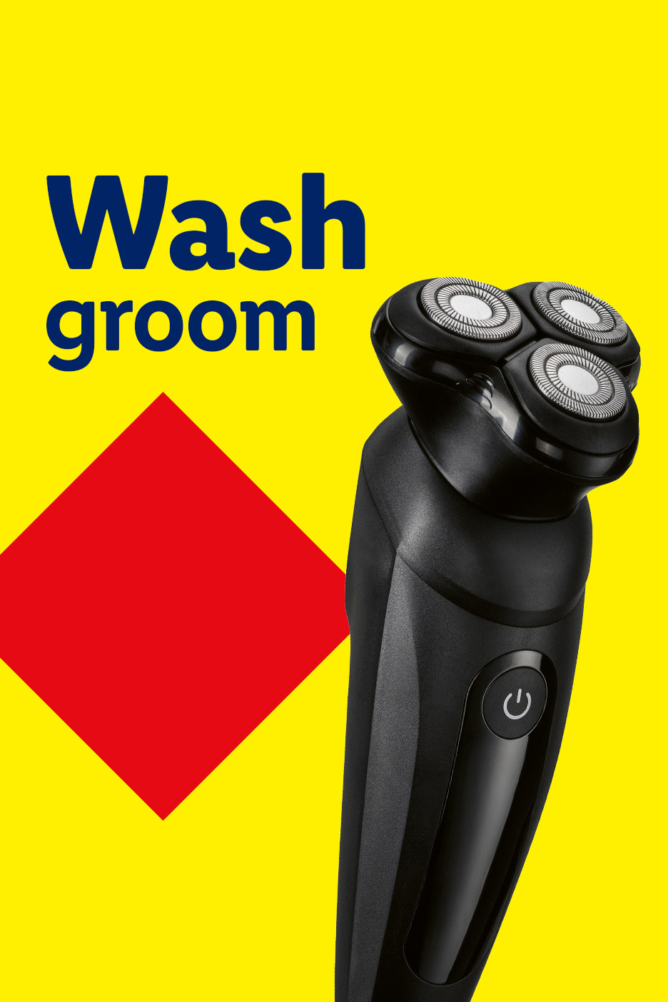 A black electric shaver on a yellow background with the words 'Wash groom' and a red diamond.