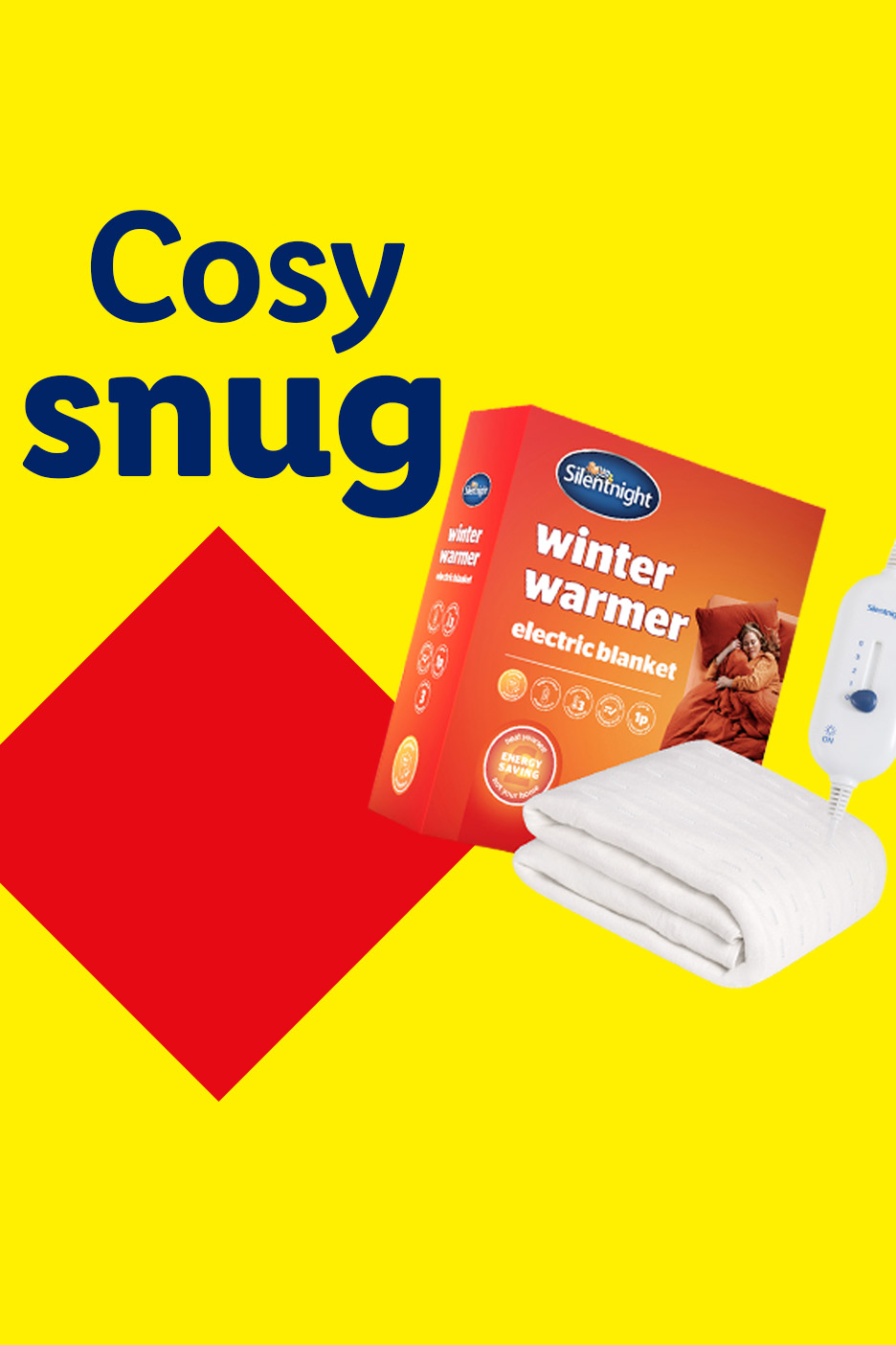 Silentnight electric blanket and packaging with 'Cosy snug' text on a yellow background.
