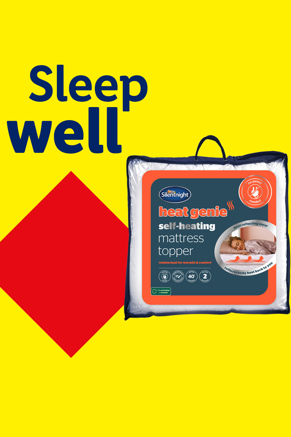 Silentnight Heat Genie self-heating mattress topper on a yellow background with 'Sleep well' text.