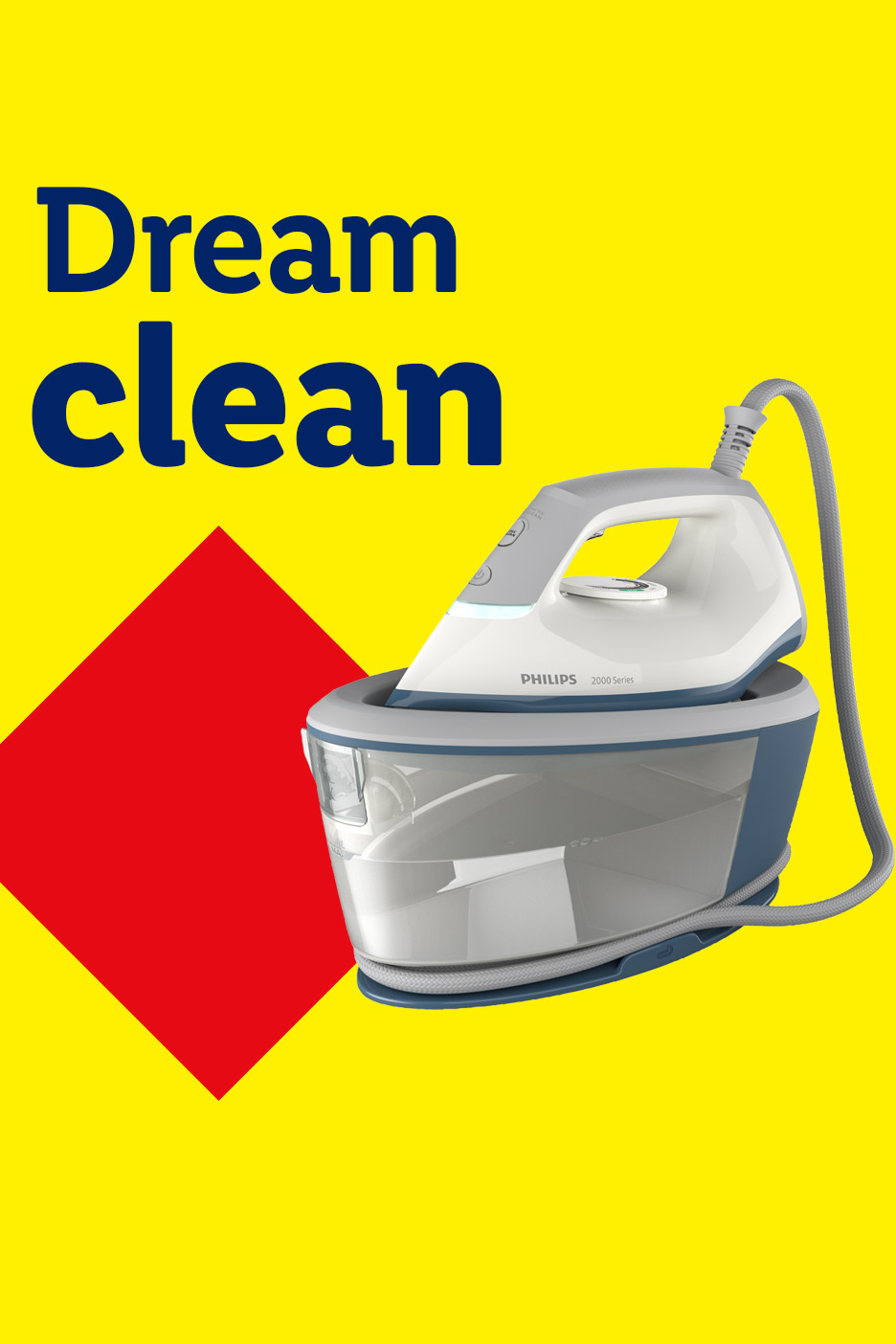 A steam iron with a water tank on a yellow background with a red diamond, text reads 'Dream clean'.