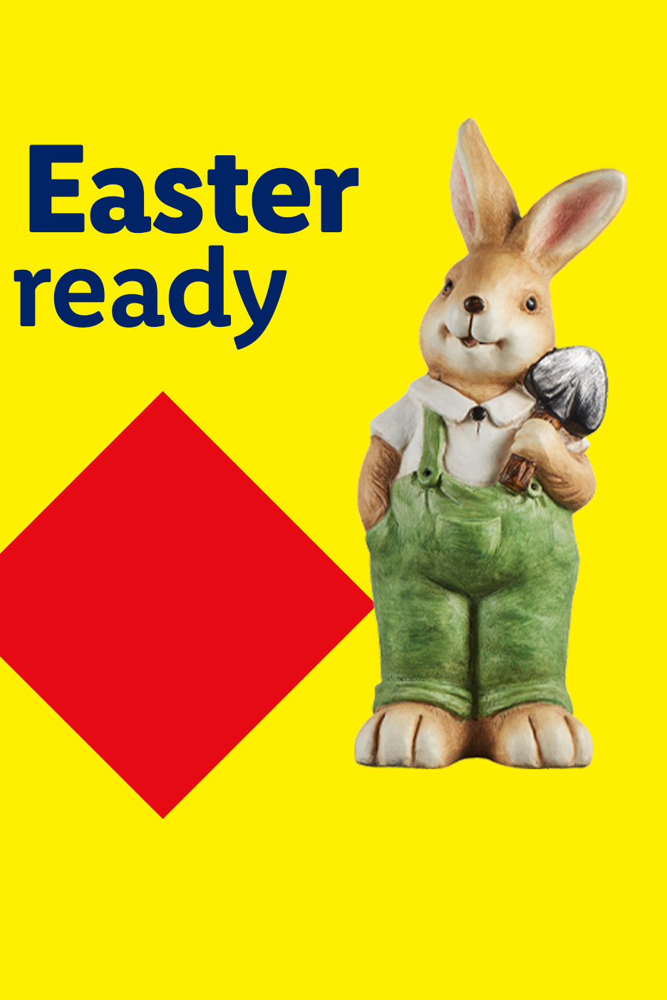 Easter-themed image with a rabbit figurine in green overalls holding a shovel, text reads 'Easter ready'.