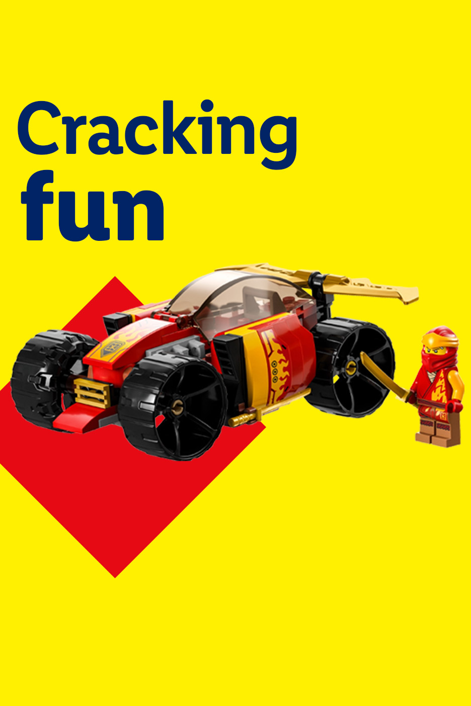 Red and yellow toy car with a small figure, on a yellow background with text 'Cracking fun'.
