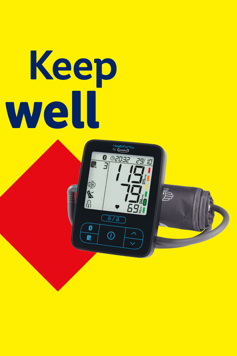 Blood pressure monitor with 'Keep well' text on a yellow and red background.