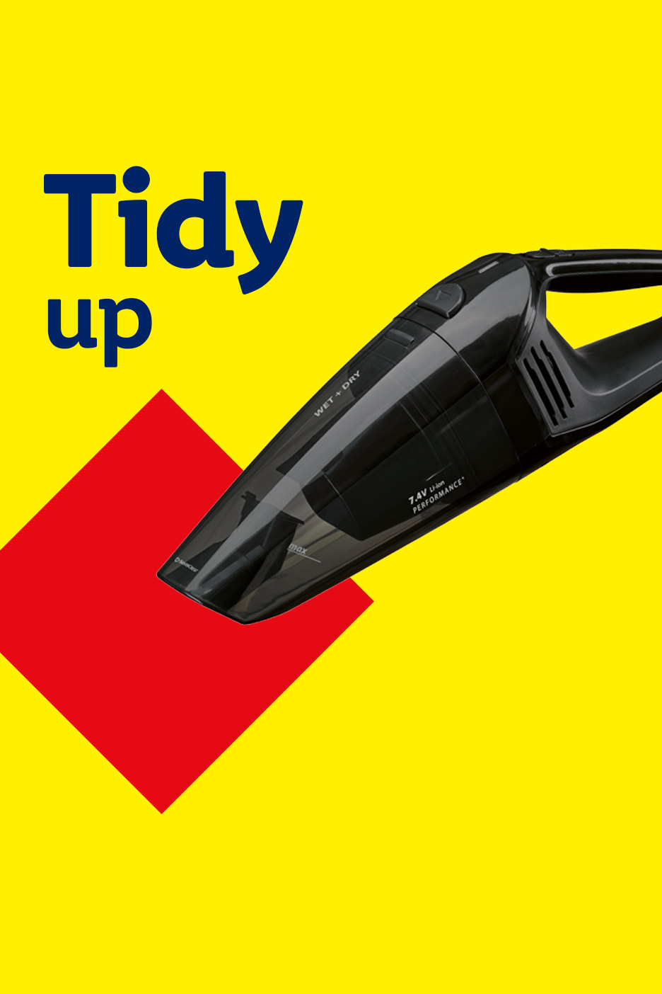 Black handheld wet and dry vacuum cleaner on a yellow and red background with 'Tidy up' text.