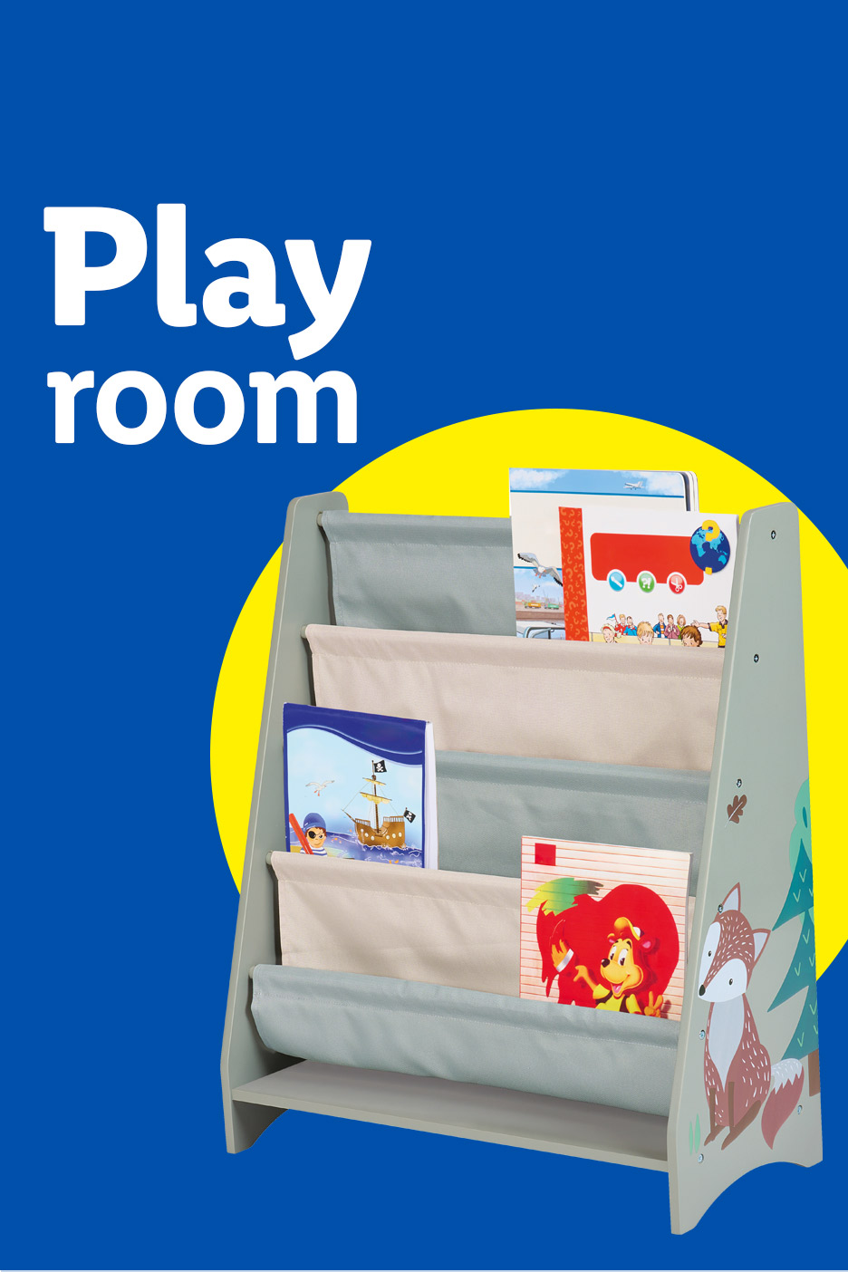 A children's bookshelf with fabric slings, holding various colorful storybooks, against a blue background.