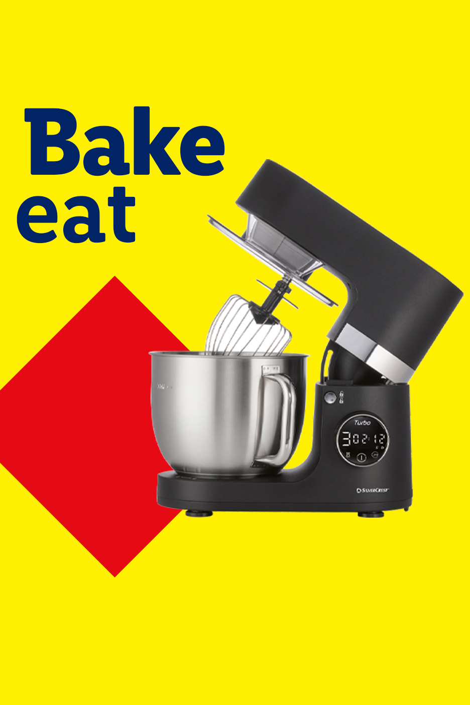 Black stand mixer with a stainless steel bowl and whisk, with text 'Bake eat'.