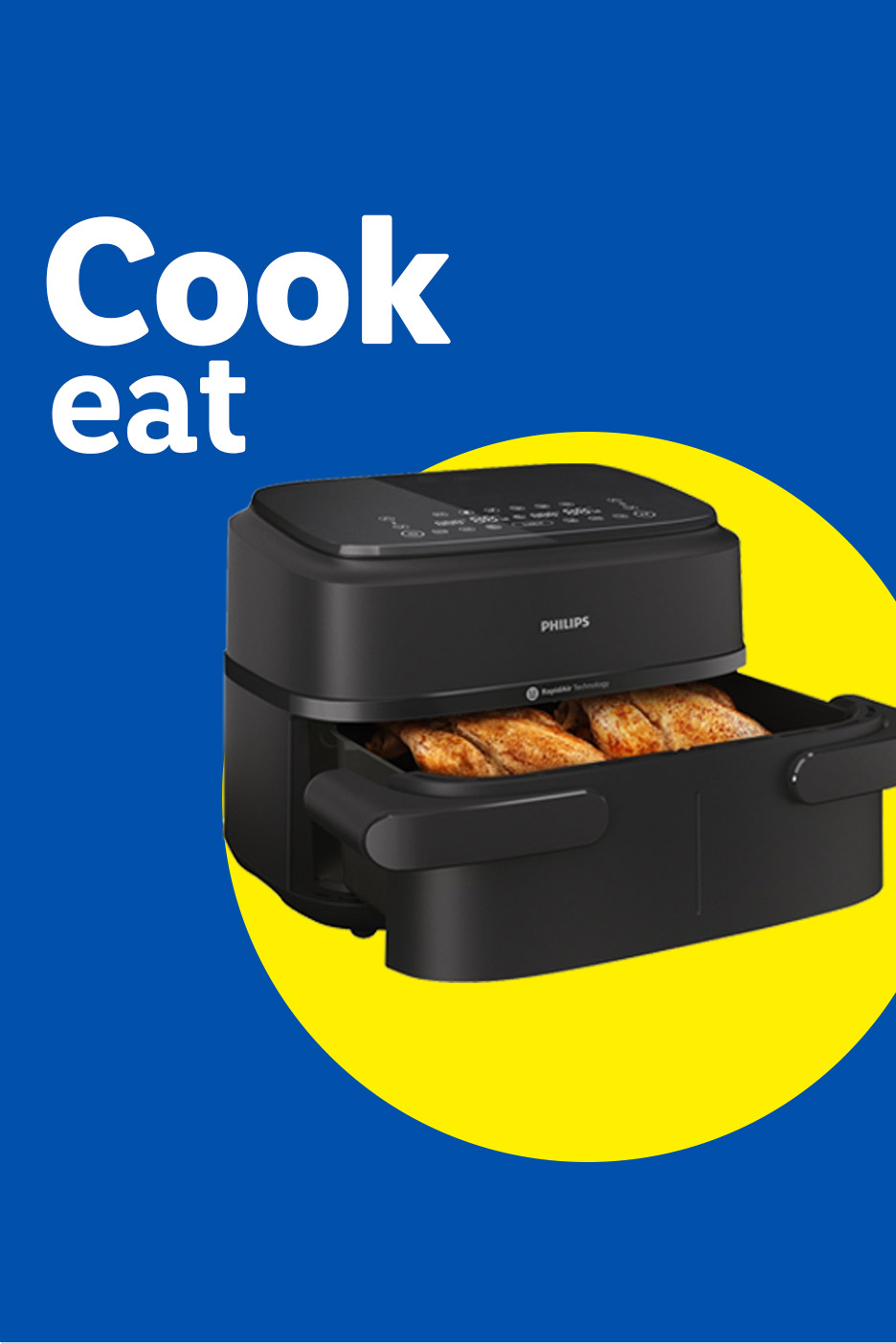 Philips air fryer with cooked chicken, text reads 'Cook eat'