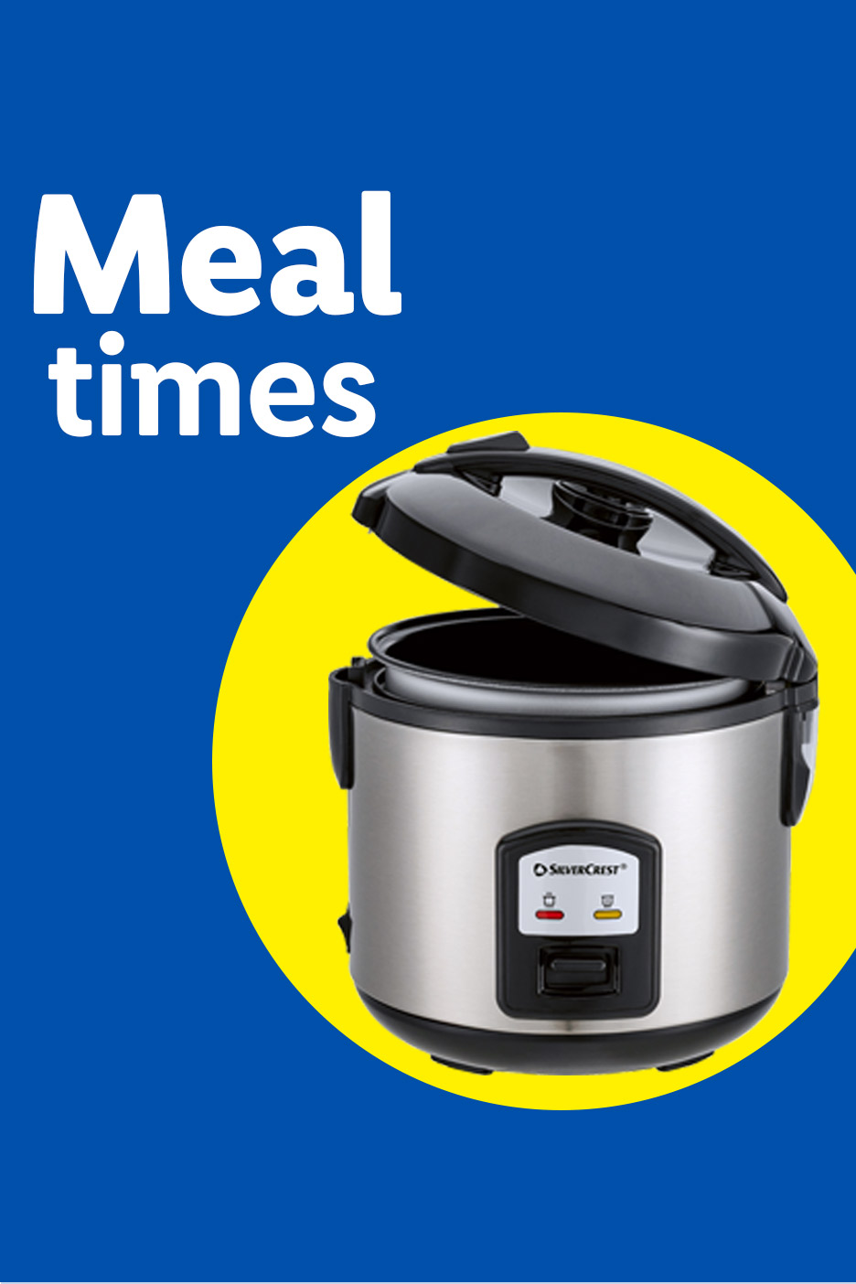 A rice cooker on a yellow circle, with the text 'Meal times' on a blue background.