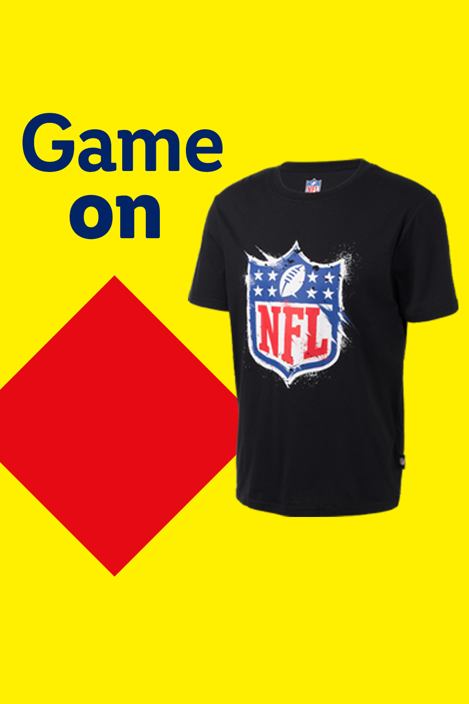 Black NFL t-shirt with a distressed logo, on a yellow background with 'Game on' text.