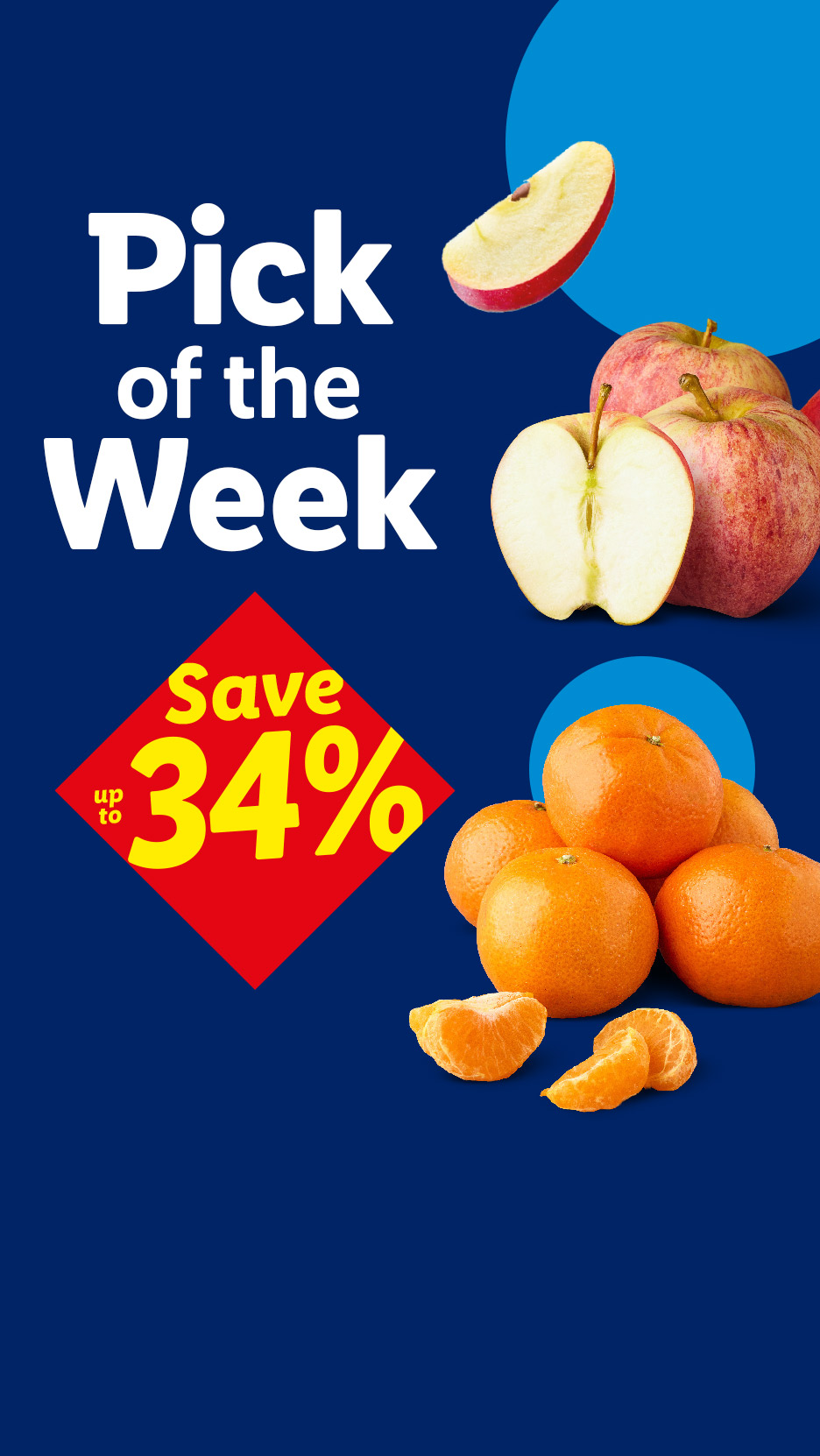 Pick of the Week: Apples and tangerines with a red diamond showing 'Save up to 34%'.