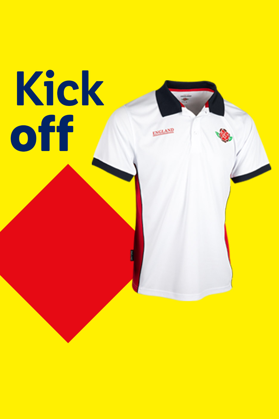 White England polo shirt with red and black accents, text 'Kick off'