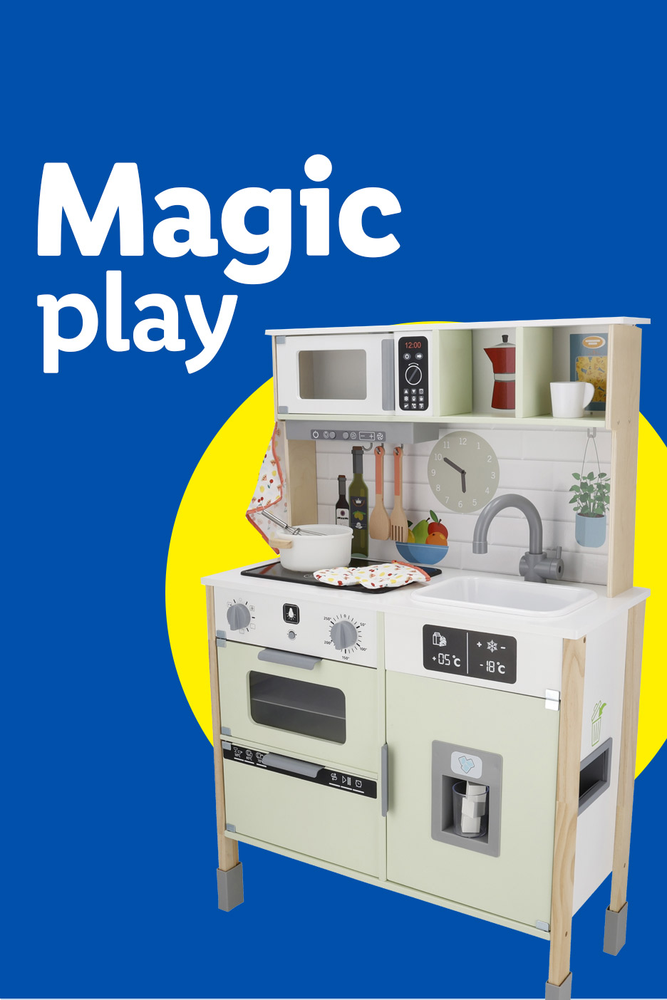 A wooden toy kitchen with a microwave, oven, sink, and various accessories on a blue and yellow background.