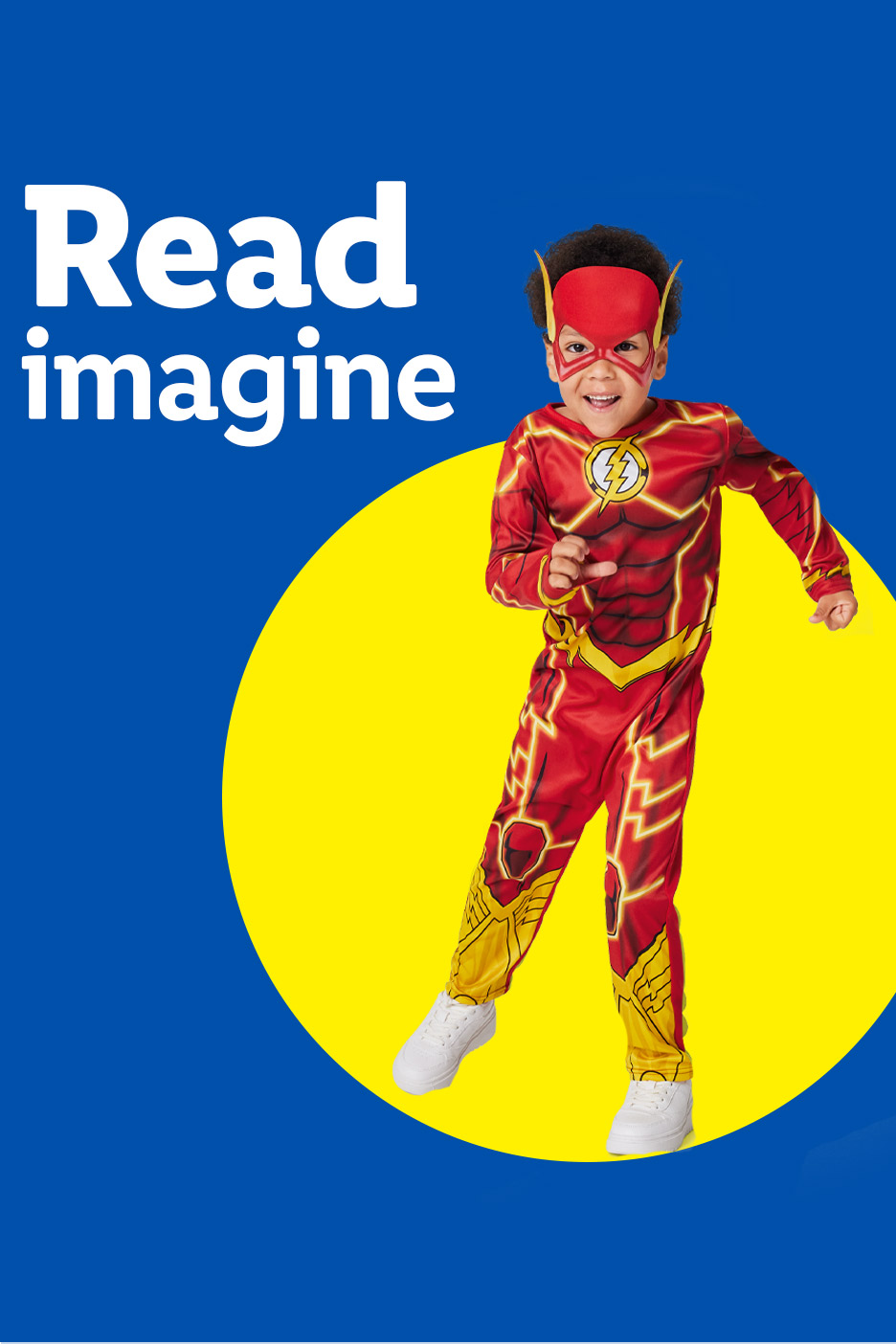 Child in a superhero costume, running, with text 'Read imagine' on a blue background.