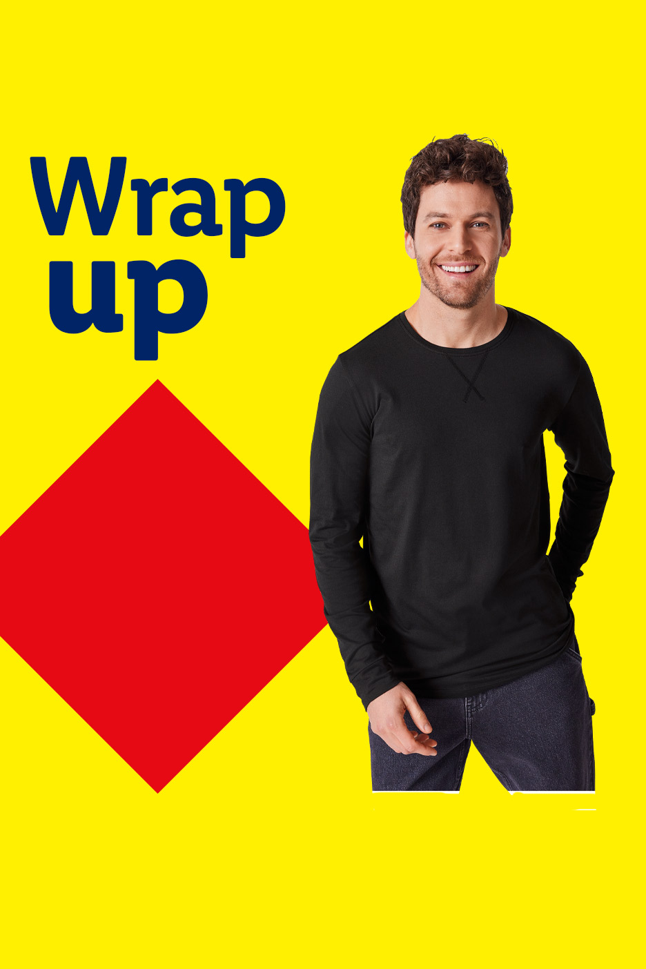 A man in a black long-sleeved shirt and jeans, smiling, with 'Wrap up' text.