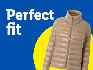 A beige puffer jacket on a blue and yellow background with text 'Perfect fit'.