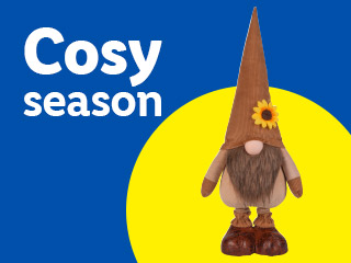 A gnome with a tall brown hat and a sunflower, next to text that reads 'Cosy season'.