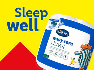 A Silentnight Easy Care Duvet with a cartoon hippo and duck, on a yellow and red background.