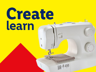 A white sewing machine with fabric under the needle, on a yellow background with red accents.
