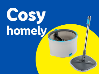 A mop and bucket set with a spinning wringer, and a flat mop with a long handle.