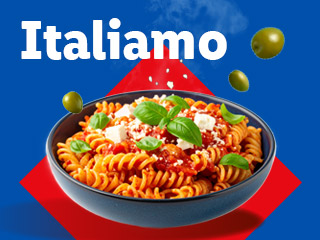A bowl of pasta with tomato sauce, cheese, and basil, with the word 'Italian' above.