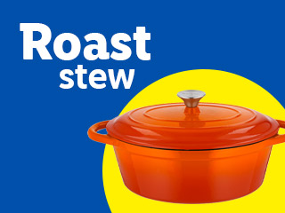 An orange cast iron pot with a lid, for roasting and stewing.