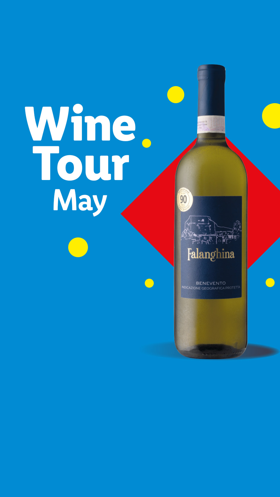 White wine bottle with a blue label, text 'Wine Tour May', and yellow dots on a blue background.