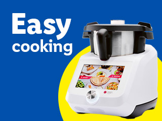 A white kitchen appliance with a screen displaying food, next to text that says 'Easy cooking'.