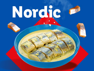 A bowl of pickled herring in a creamy sauce, with the word 'Nordic' above it.