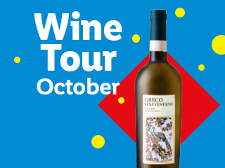 A bottle of Greco Beneventano white wine with text 'Wine Tour October' on a blue background.