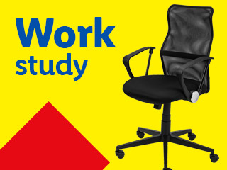 A black office chair on a yellow background with the words 'Work study' and a red triangle.