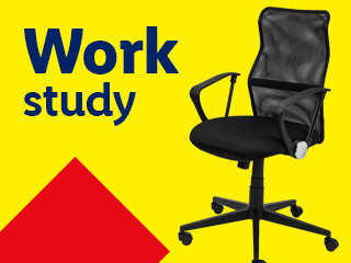 A black office chair on a yellow background with the words 'Work study'.