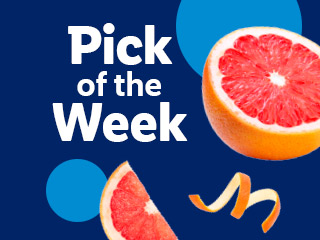 A graphic with text 'Pick of the Week' and two halves of a grapefruit.