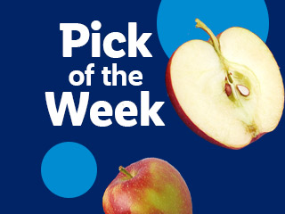 A red apple cut in half and a whole apple on a blue background with the text 'Pick of the Week'.