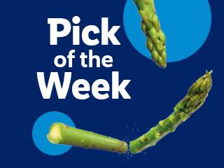 Pick of the Week text with asparagus spears on a blue background.