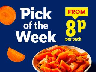 Pick of the Week: Carrots from 8p per pack, with whole and sliced carrots shown.