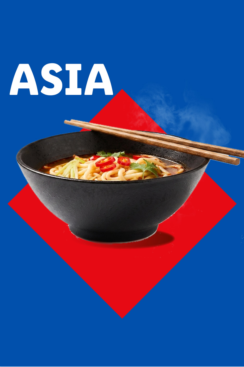 A bowl of steaming Asian noodles with chopsticks on a blue and red background, with the text 'ASIA'.