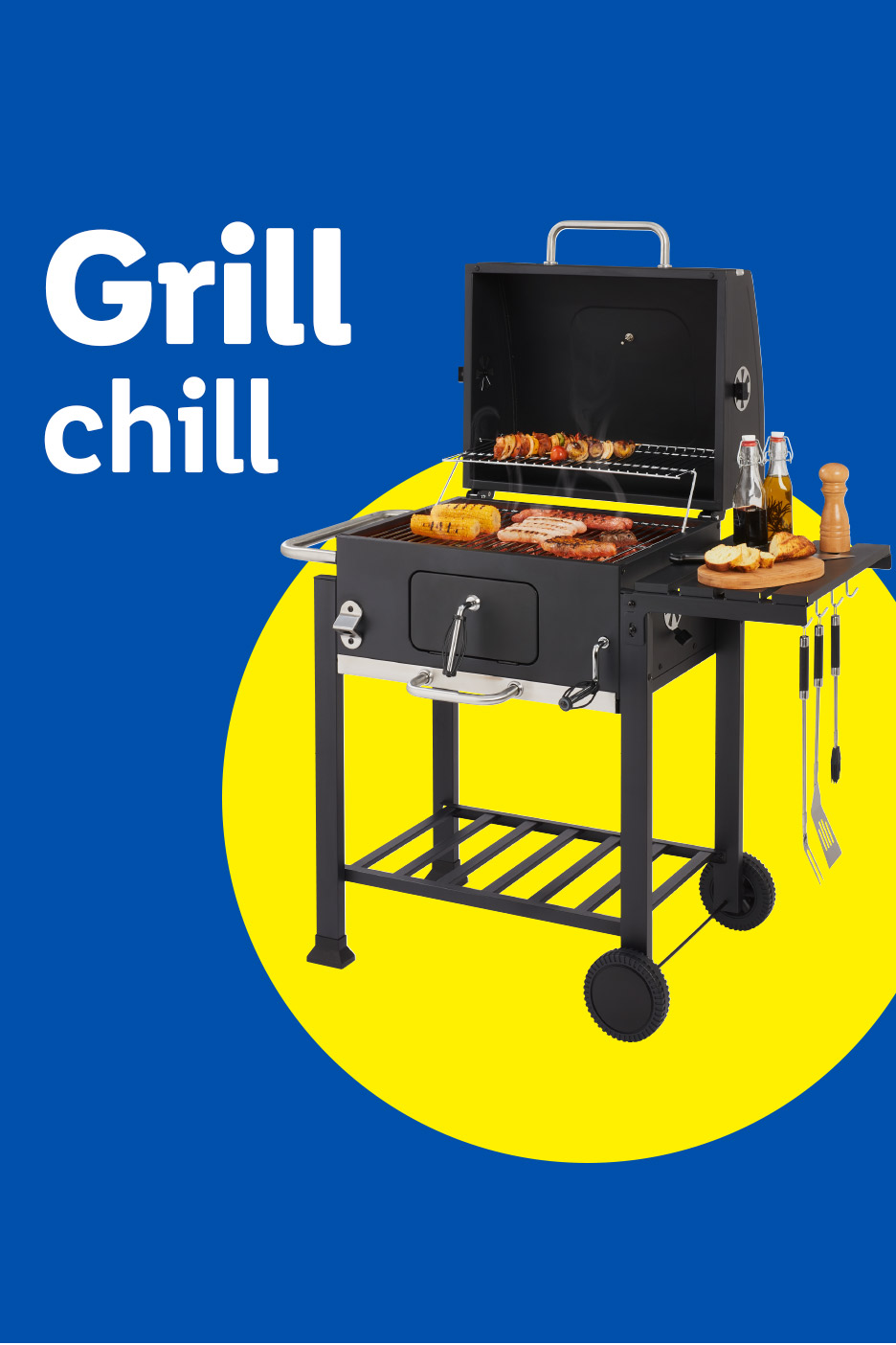 Black charcoal grill with food cooking, text 'Grill chill' on blue and yellow background.
