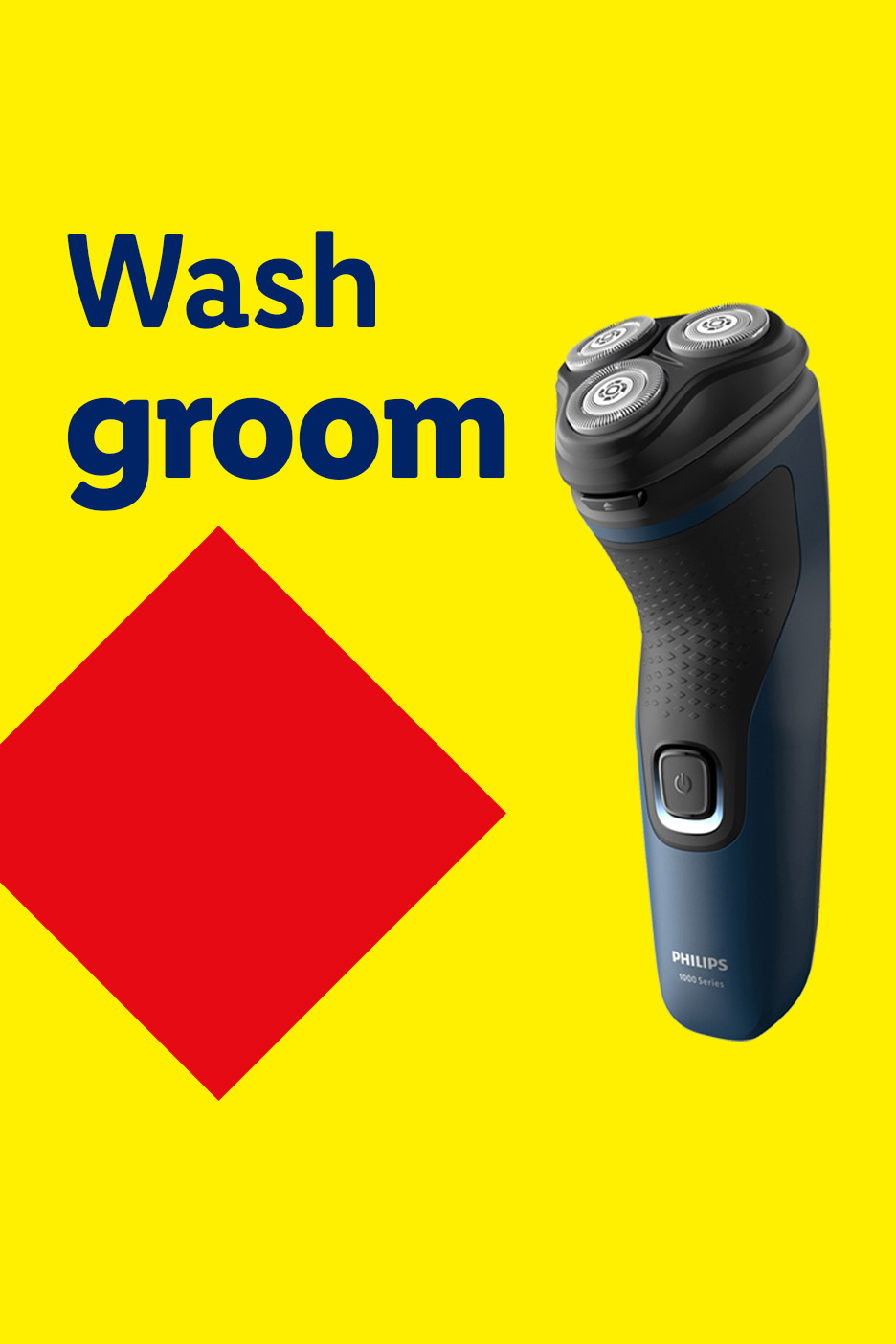 Electric shaver on a yellow background with text 'Wash groom' and a red diamond.