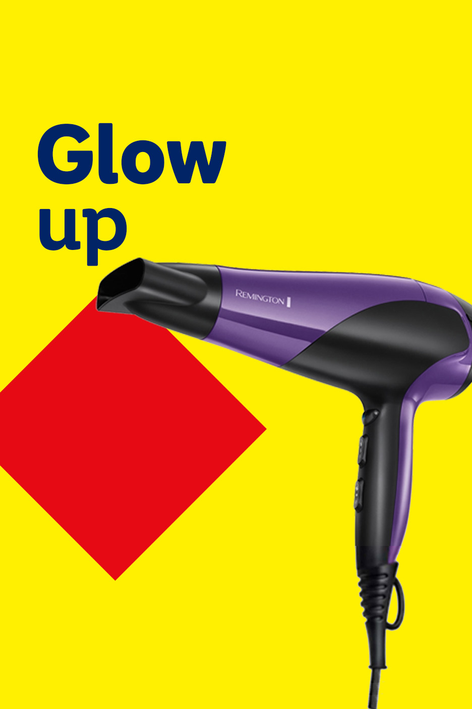 Purple hairdryer on a yellow background with a red square and the text 'Glow up'.