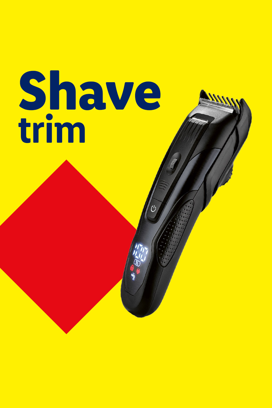 Black hair clipper with digital display on a yellow background with text 'Shave trim'