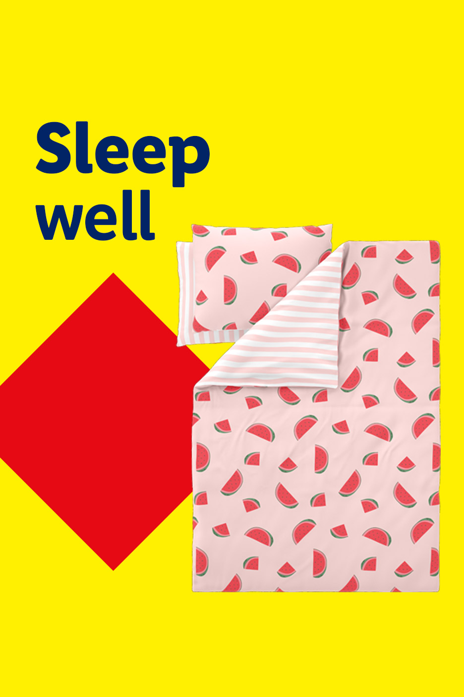 Pink watermelon print duvet cover set with a pillowcase, on a yellow and red background with text 'Sleep well'.