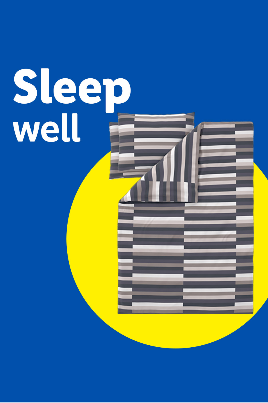 Blue background with 'Sleep well' text and striped duvet cover set on a yellow circle.