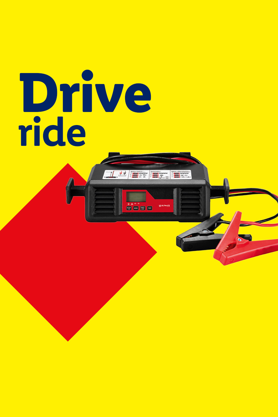 Drive ride text with a car battery charger and jump leads on a yellow background with a red square.