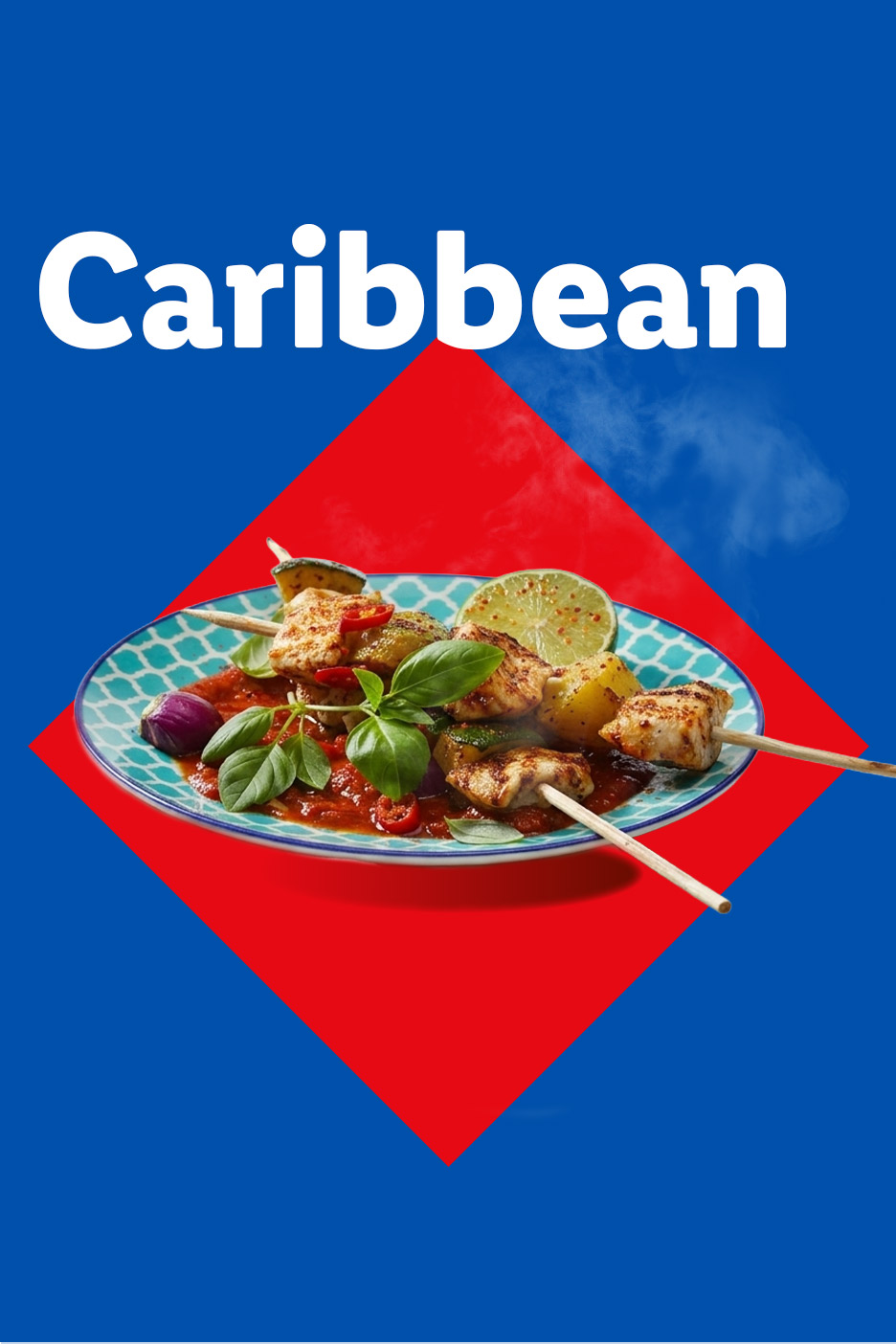 Caribbean chicken skewers with sauce, lime, and basil on a blue and red background.