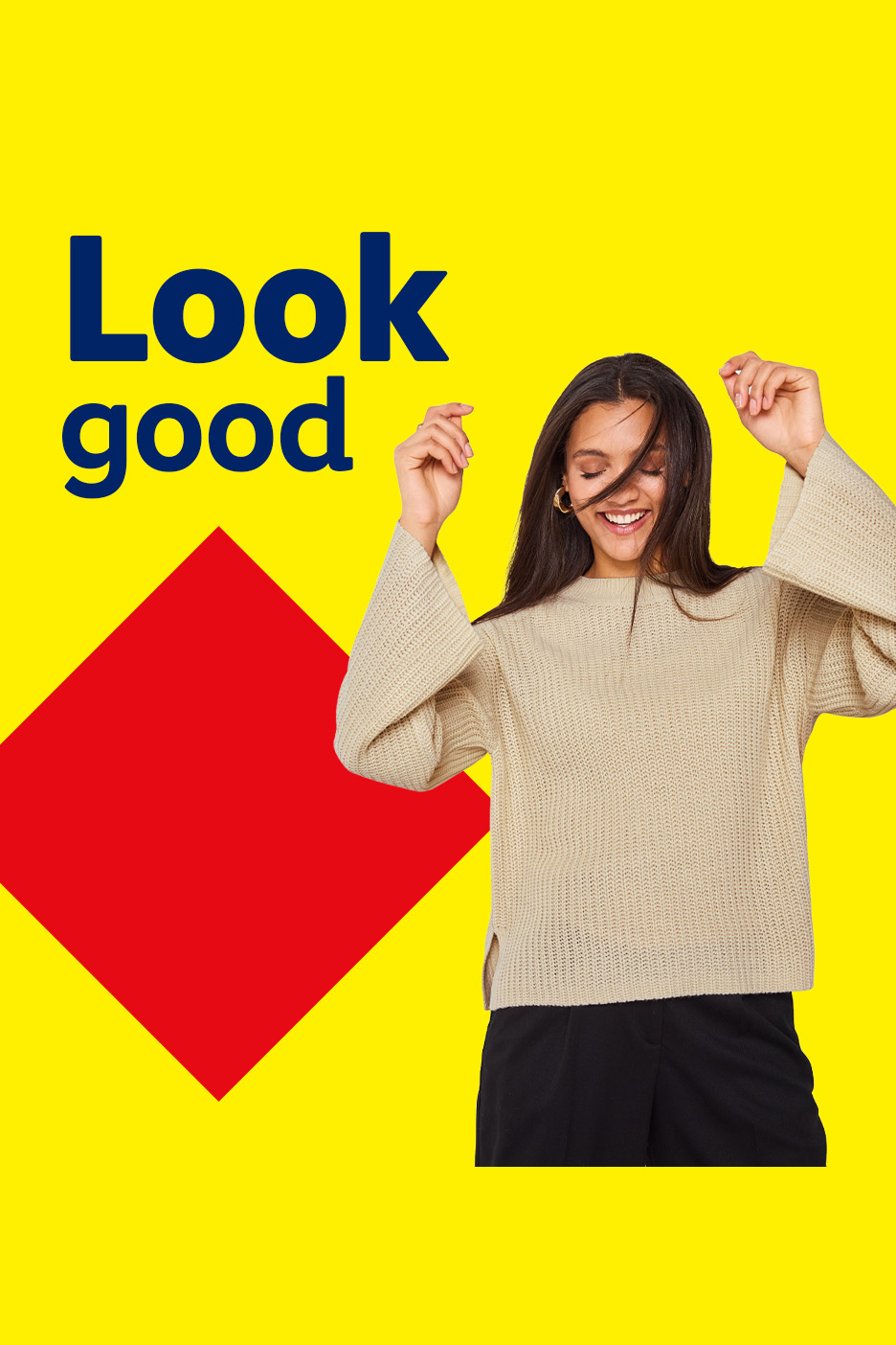 Smiling woman in a beige sweater and black pants, with text 'Look good' on a yellow background.