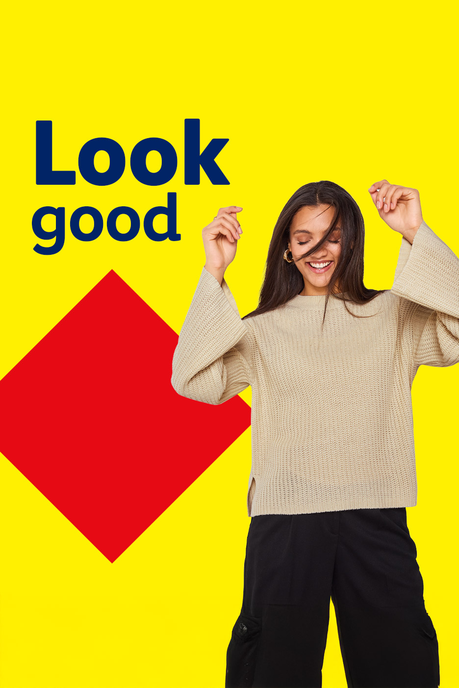 Smiling woman in a beige sweater and black pants, with text 'Look good' and a red diamond.