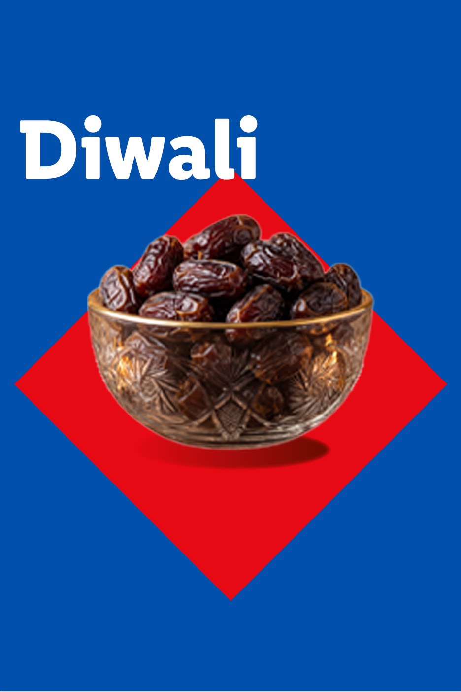 A bowl of dates on a red and blue background with the text Diwali.