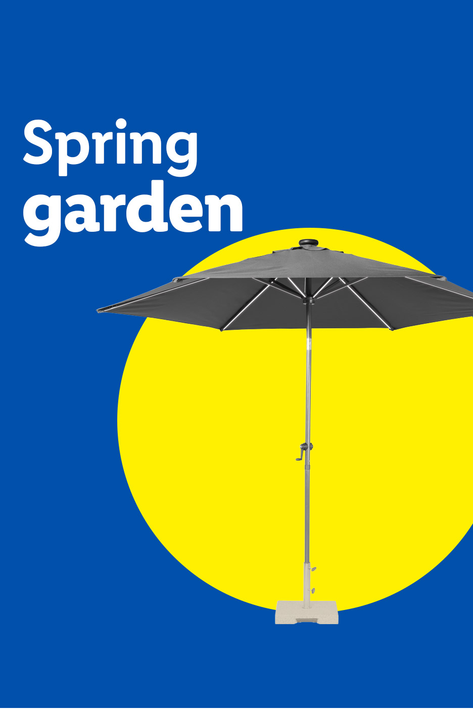 Spring garden text with a dark grey patio umbrella on a blue and yellow background.