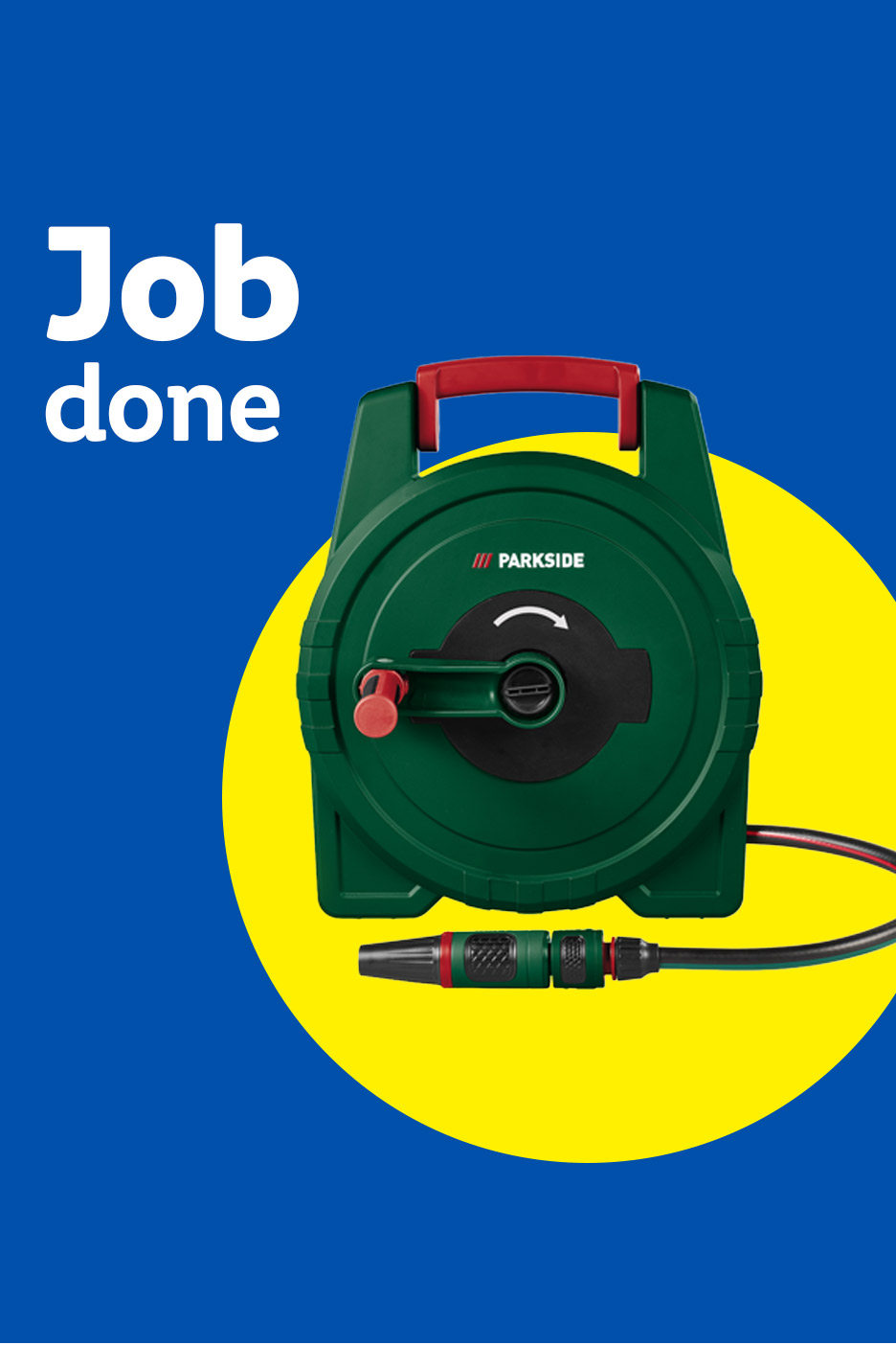 Green hose reel with a red handle and a hose attachment, with text 'Job done'.