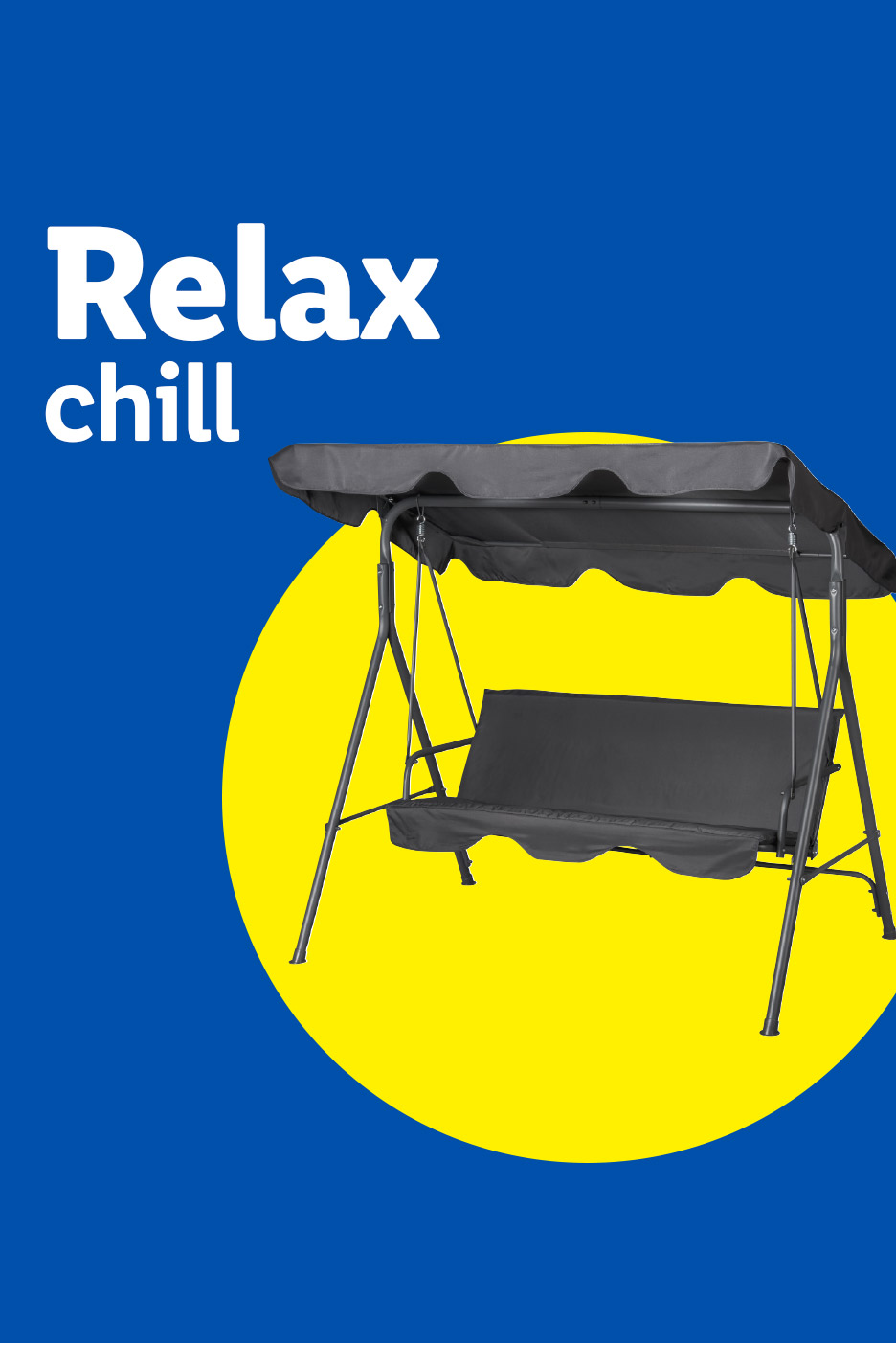 Black garden swing with canopy on a blue and yellow background, with text 'Relax chill'.